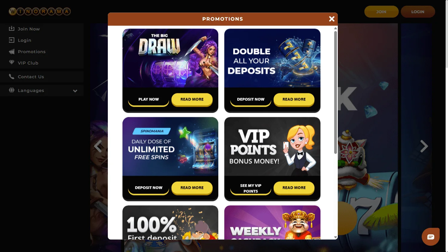 Winorama Casino desktop promotions area with the $7 no deposit bonus and first deposit match