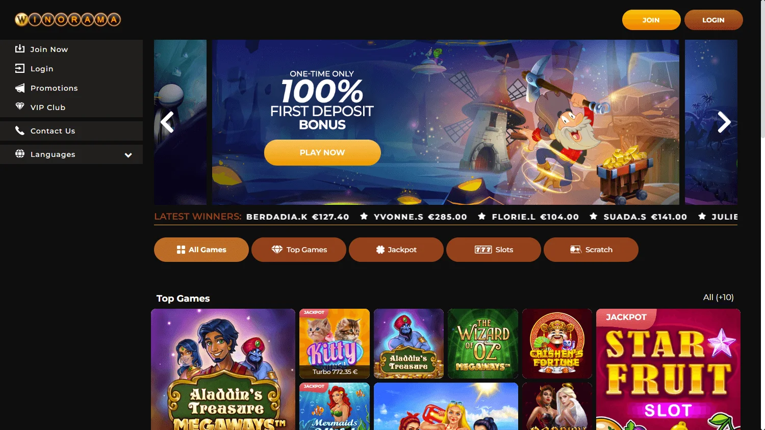 Winorama Casino desktop home with the main offer, AUD support and casino catalogue