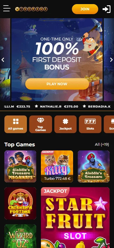 Winorama Casino mobile home accessed through a responsive browser layout